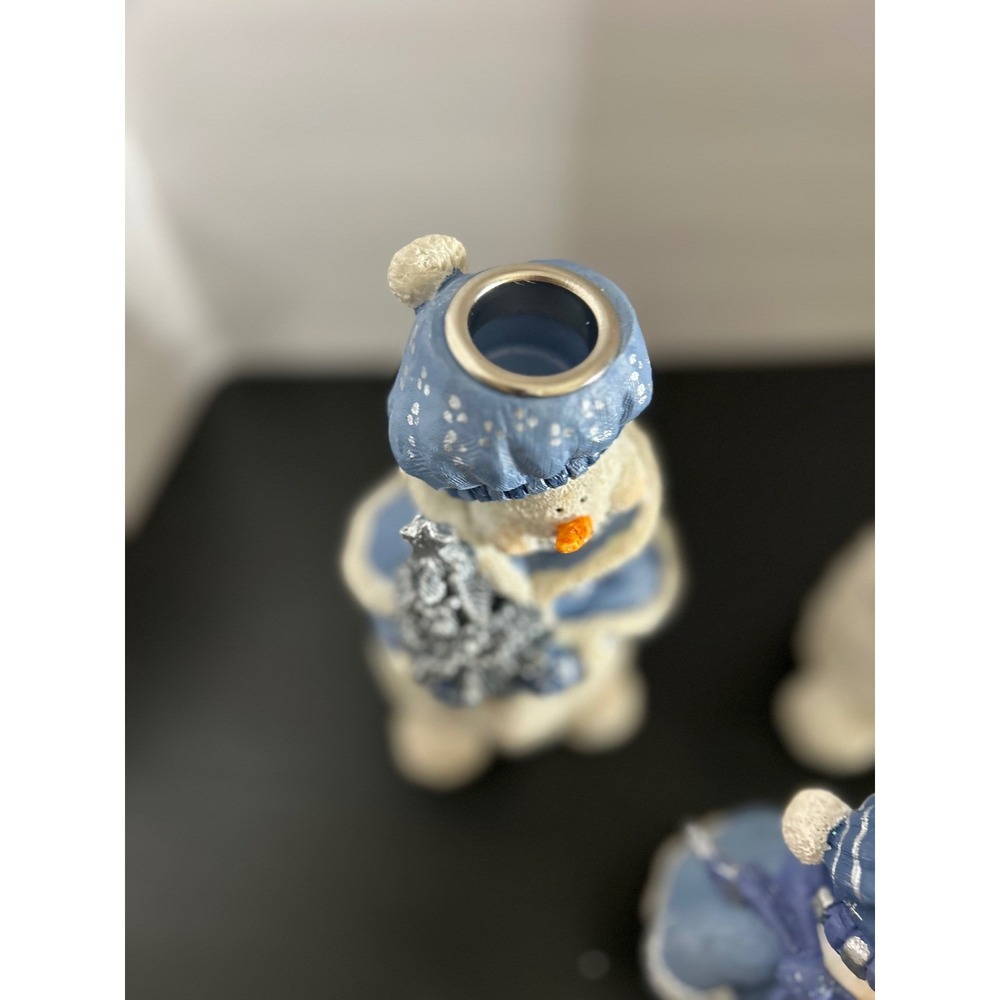 Candle Holder Set Christmas Blue Snowman Resin Taper Trio Collectible Decor New - Picture 5 of 7
